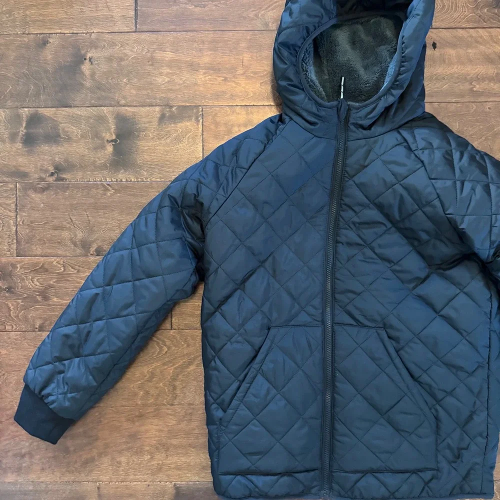 Cat & Jack Boys XL 14 Quilted Puffer Jacket Navy Blue Faux Fur Lined Hooded Coat